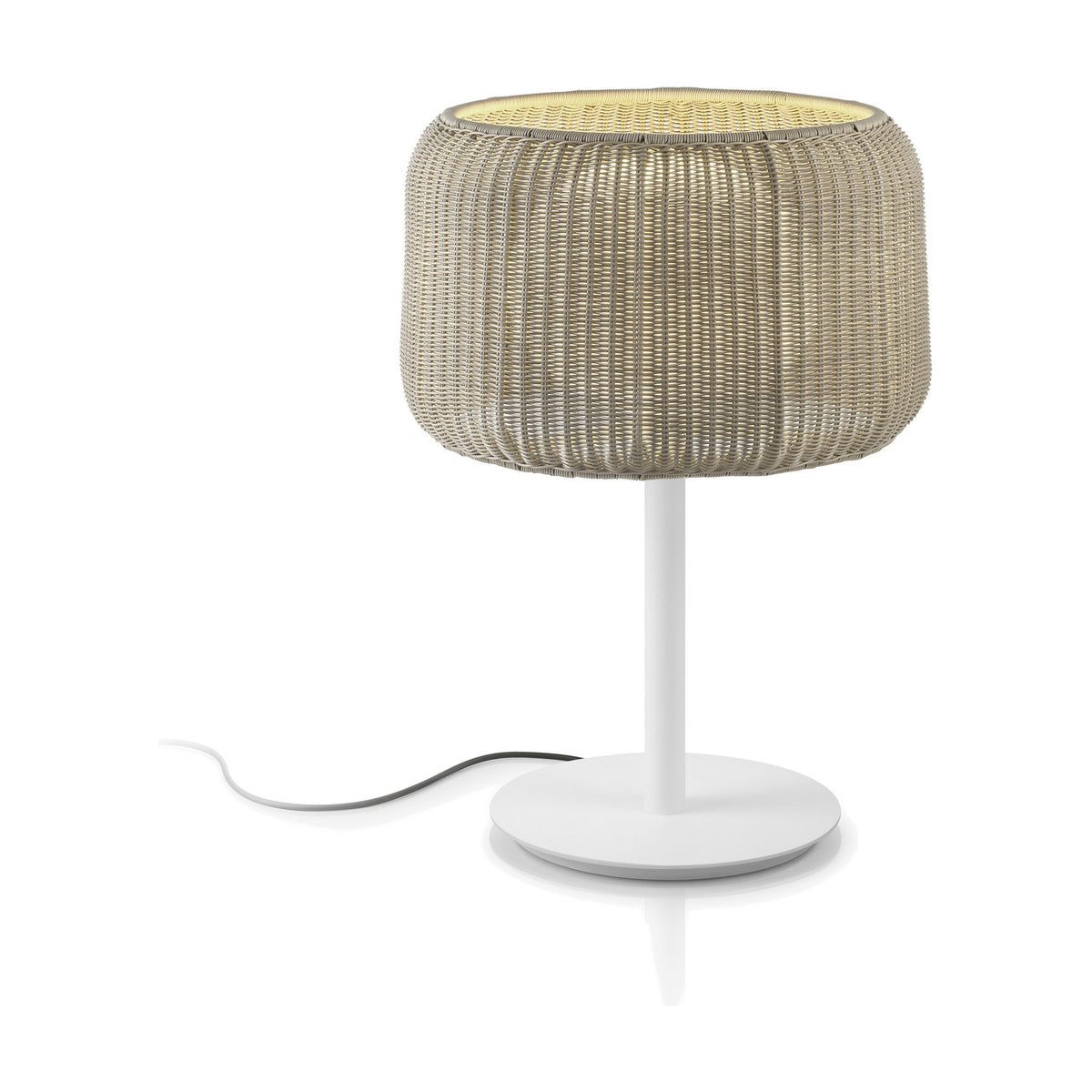 Fora M Drum LED Outdoor Table Lamp in Light Beige, with a woven drum shade, slim white stem and round white base, shown on a plain white background.