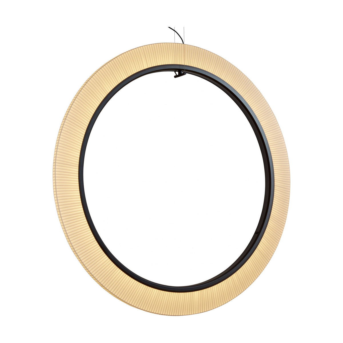 Roda S/150/V ring pendant light with a cream translucent pleated ribbon shade around a dark inner ring, integrated LED, shown vertically on a plain white background.