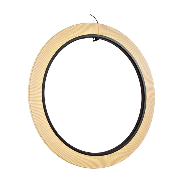 Roda S/150/V ring pendant light with a cream translucent pleated ribbon shade around a dark inner ring, integrated LED, shown vertically on a plain white background.