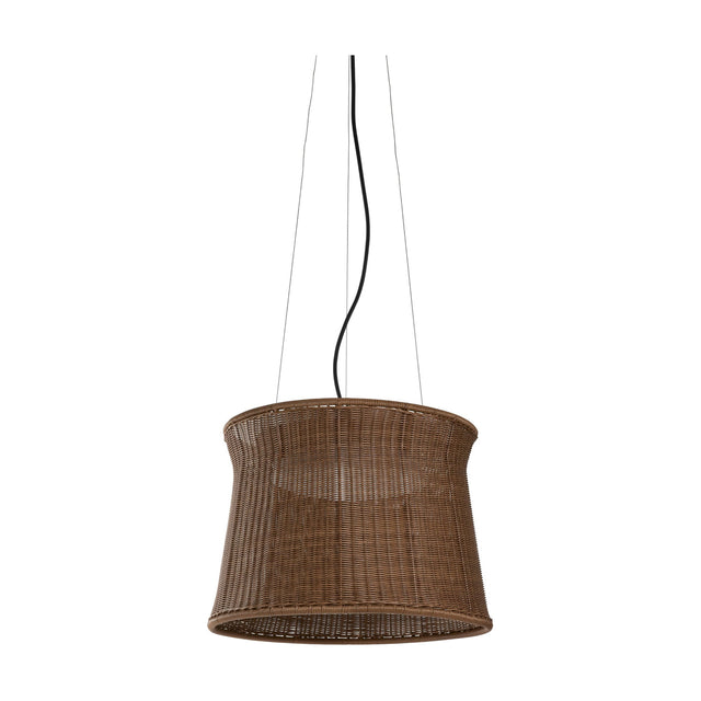 Syra 60 Aluminium LED Outdoor Pendant Light with a woven brown drum shade that narrows at the waist, suspended on three fine wires from a black cable against a plain white background.