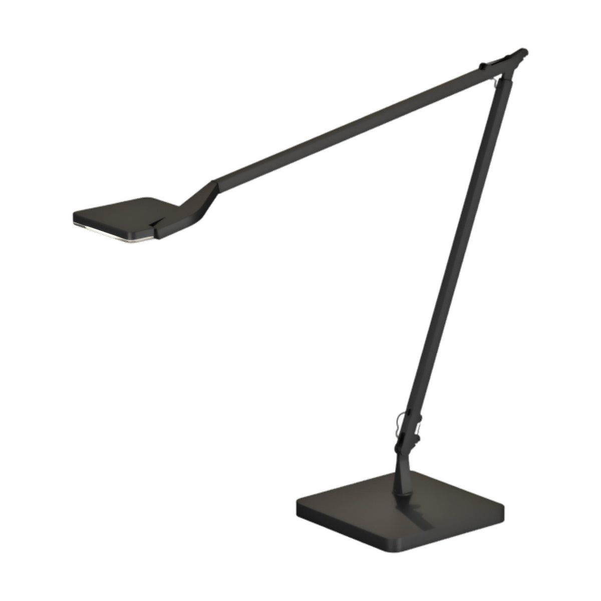 Jackie Aluminium LED Table Lamp in black, with a square weighted base, two long angled arms and a flat square head, shown against a plain white background.