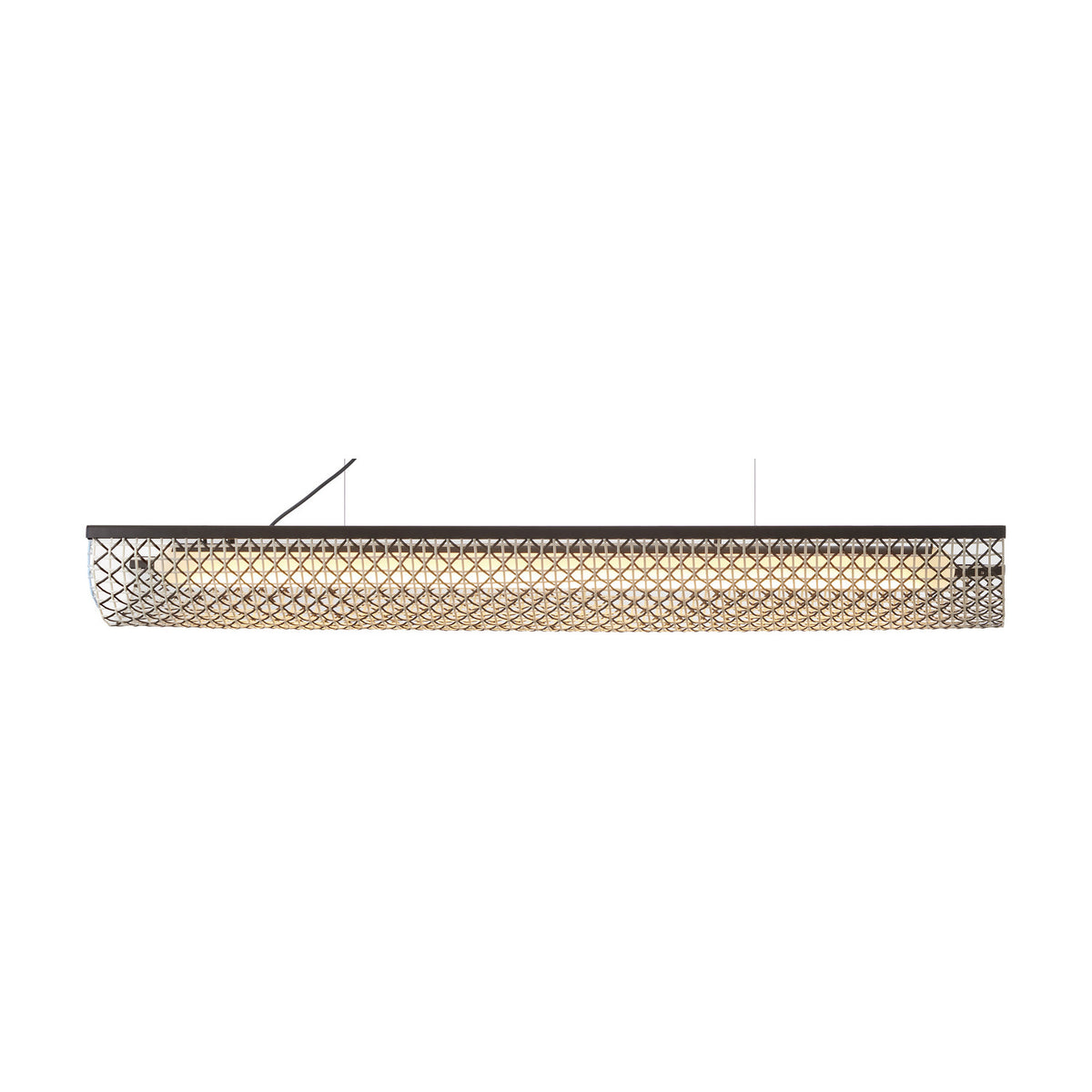 Nans Balis S/140 Outrack outdoor track pendant light with a long brown top bar and openwork lattice shade emitting warm white glow, shown on a plain white background.