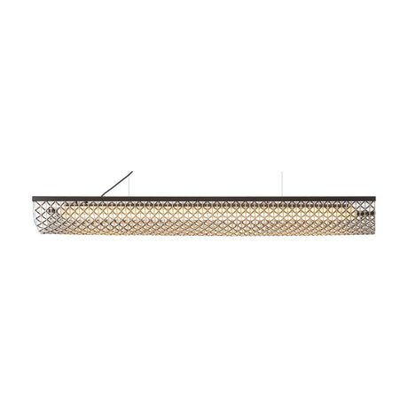 Nans Balis S/140 Outrack outdoor track pendant light with a long brown top bar and openwork lattice shade emitting warm white glow, shown on a plain white background.