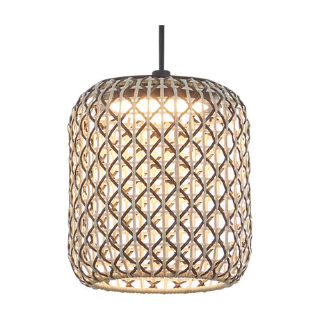 Nans S/21 Outrack LED outdoor track pendant light with a round woven lattice shade in brown, beige and light grey tones, shown lit on a black cord against a plain white background.