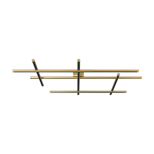 Hilow Black Diffuser Frame LED ceiling light with crossing brushed brass linear bars and black diffuser strips forming an architectural grid, shown on a plain white background.