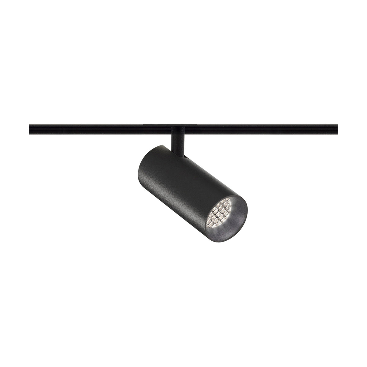 Street 5 Aluminium LED Track Spotlight in matte black, cylindrical head with honeycomb louvre on a straight track rail, shown against a plain white background.