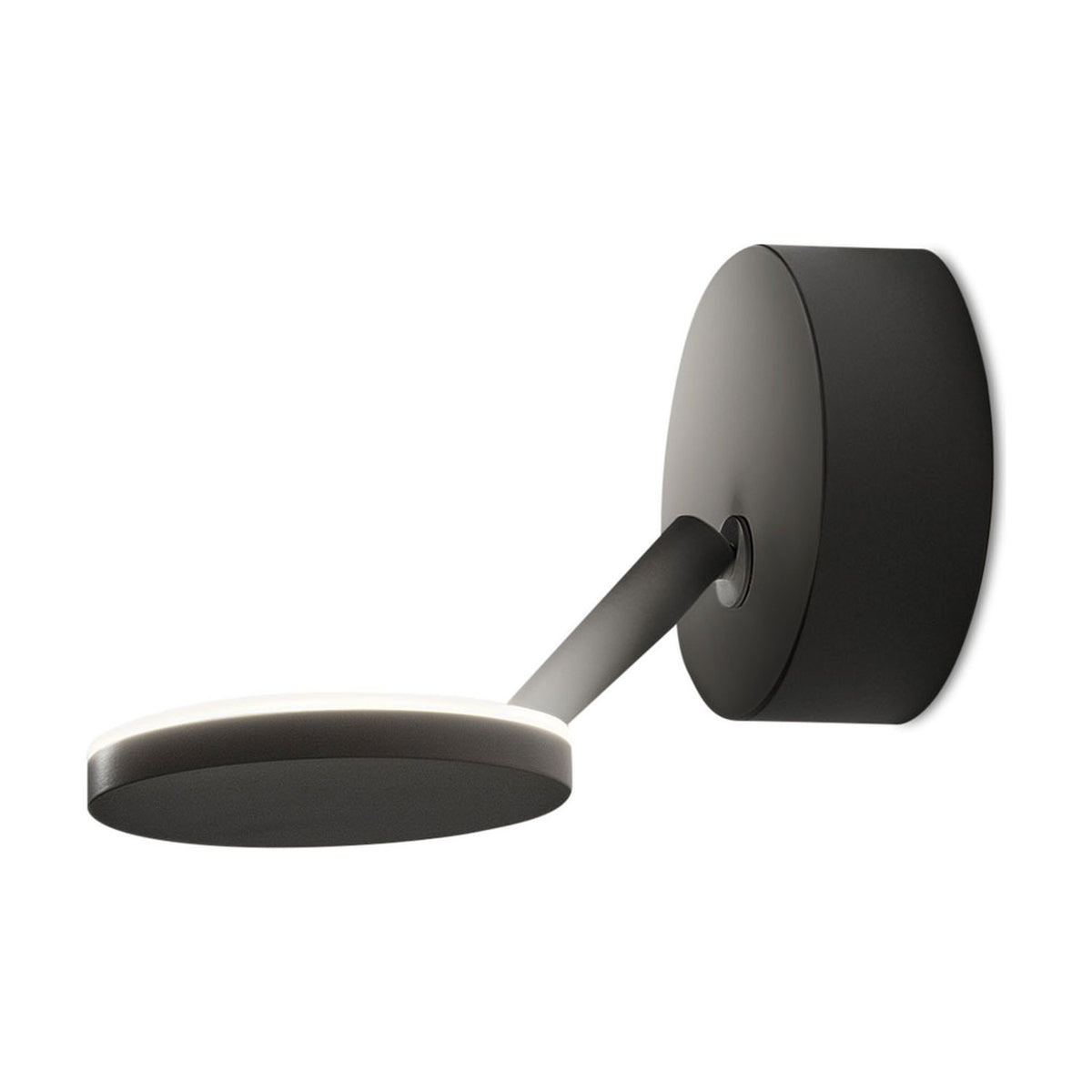 Bella Direct Aluminium LED Wall & Ceiling Light in matte black, featuring a round wall plate, slim angled arm and flat disc head with a soft glowing rim, shown on a plain white background.
