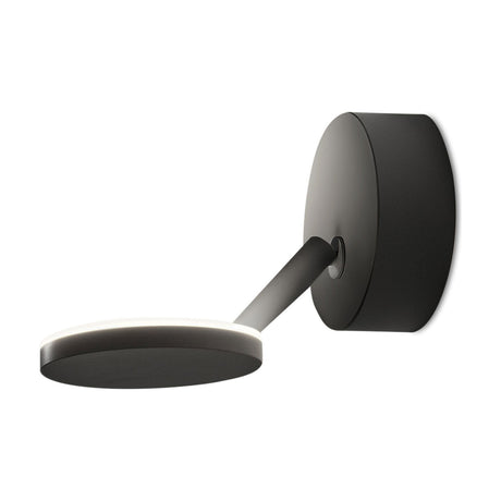 Bella Direct Aluminium LED Wall & Ceiling Light in matte black, featuring a round wall plate, slim angled arm and flat disc head with a soft glowing rim, shown on a plain white background.