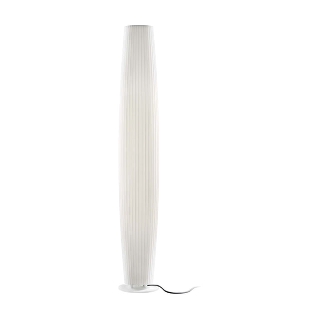 Maxi P/180 cylinder LED outdoor floor lamp in white polyethylene, tall ribbed column shade on a round white base, shown on a plain white background.