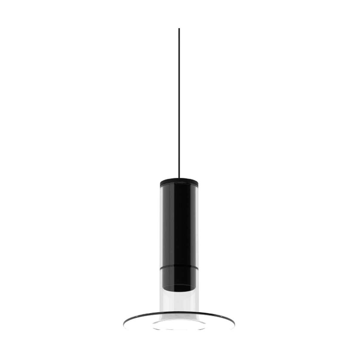 Auriel Glass Candle LED Pendant Light in matt black, a slim cylinder within a clear glass tube above a flat glass disc, hung on a fine black cable against a white background.