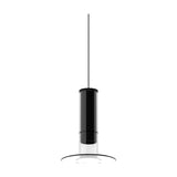 Auriel Glass Candle LED Pendant Light in matt black, a slim cylinder within a clear glass tube above a flat glass disc, hung on a fine black cable against a white background.