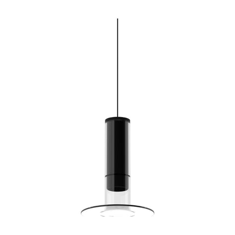 Auriel Glass Candle LED Pendant Light in matt black, a slim cylinder within a clear glass tube above a flat glass disc, hung on a fine black cable against a white background.
