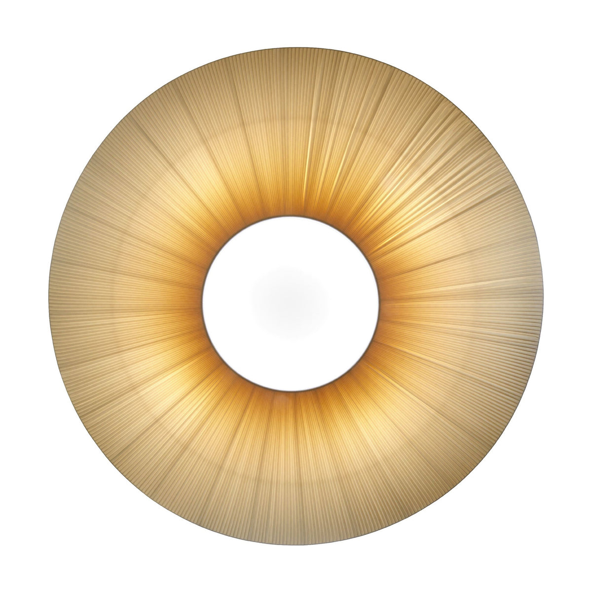 Siam 200 Ribbon Ceiling Light in Cream, a wide, shallow cone shade of pleated translucent fabric with a white centre disc, glowing warmly against a plain background.