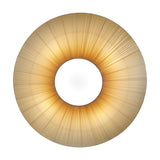 Siam 200 Ribbon Ceiling Light in Cream, a wide, shallow cone shade of pleated translucent fabric with a white centre disc, glowing warmly against a plain background.