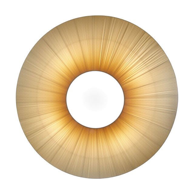 Siam 200 Ribbon Ceiling Light in Cream, a wide, shallow cone shade of pleated translucent fabric with a white centre disc, glowing warmly against a plain background.