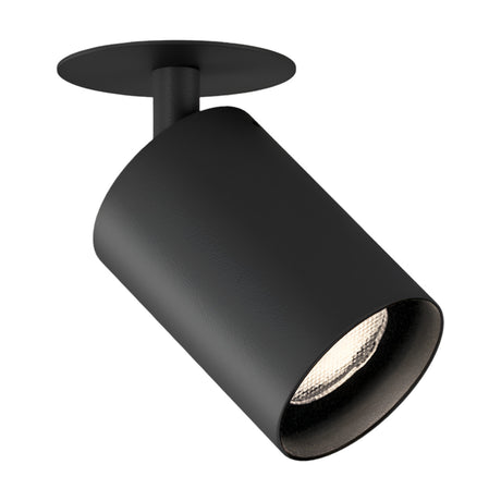 Carl Adjustable Recessed LED Downlight in black, showing a round ceiling trim, short stem, and angled cylindrical head with integrated LED, on a plain white background.