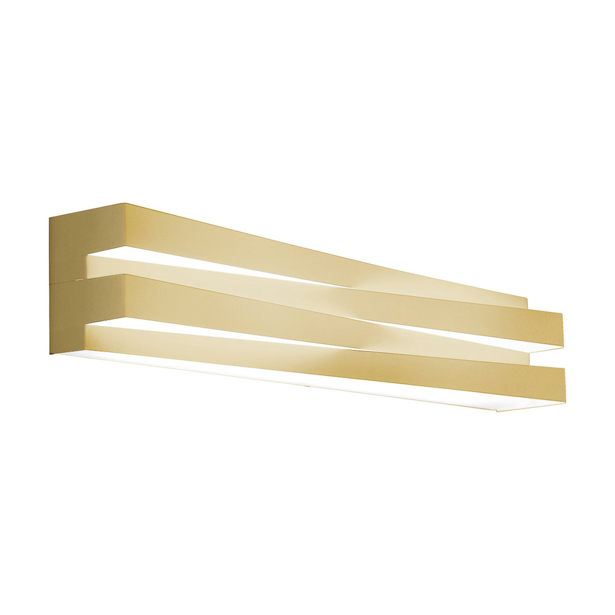 Cross Glass LED Wall Light 60cm in Brushed Brass, featuring angled stacked bars with integrated warm-white LED strips, shown against a plain white background.