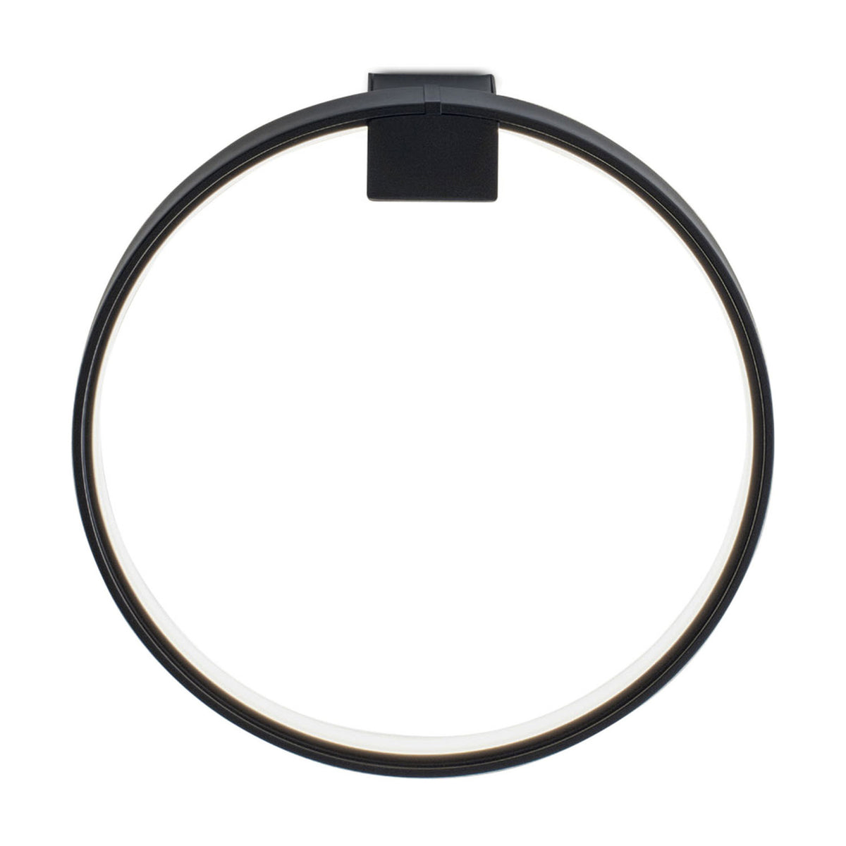 Zero Round Aluminium Ring LED Wall Light in matte black, a slim circular ring fixture on a square wall bracket, glowing softly from its inner edge against a plain white background.