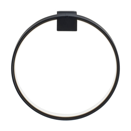 Zero Round Aluminium Ring LED Wall Light in matte black, a slim circular ring fixture on a square wall bracket, glowing softly from its inner edge against a plain white background.