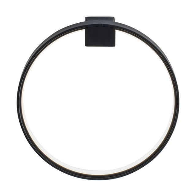 Zero Round Aluminium Ring LED Wall Light in matte black, a slim circular ring fixture on a square wall bracket, glowing softly from its inner edge against a plain white background.