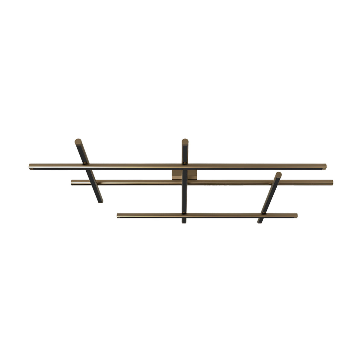 Hilow integrated LED ceiling light with an open frame of three long and three short crossing bars in Brushed Bronze finish with black diffusers, shown on a plain white background.