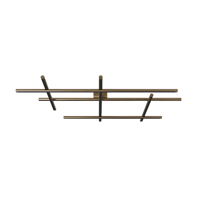 Hilow integrated LED ceiling light with an open frame of three long and three short crossing bars in Brushed Bronze finish with black diffusers, shown on a plain white background.