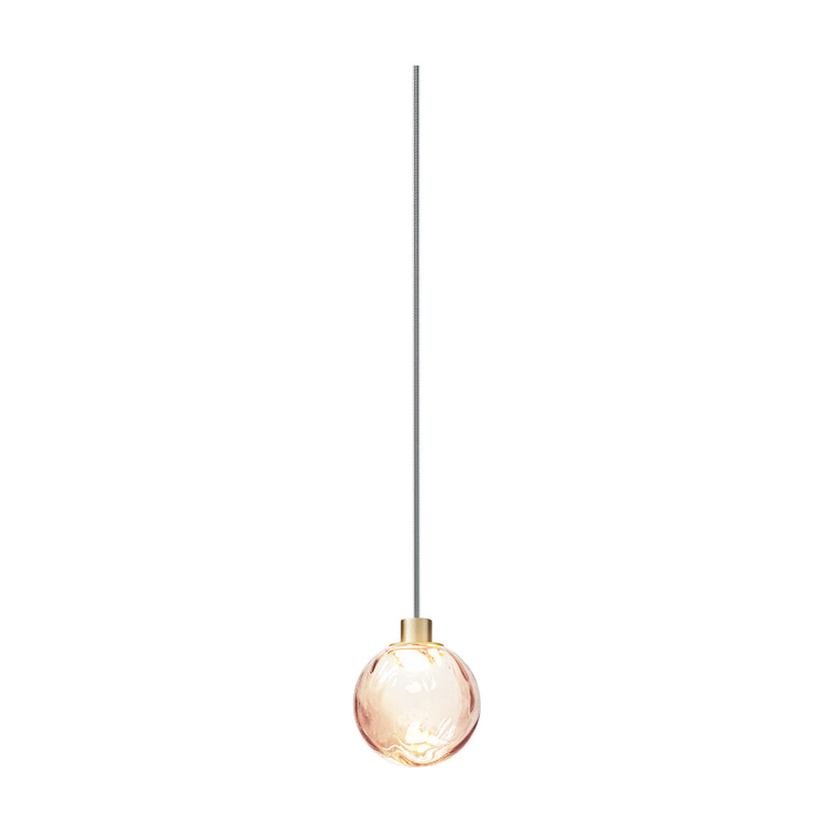 Murané 10cm pink glass sphere pendant light with rippled texture, brushed champagne cap and slim cable, integrated LED, on a plain white background.