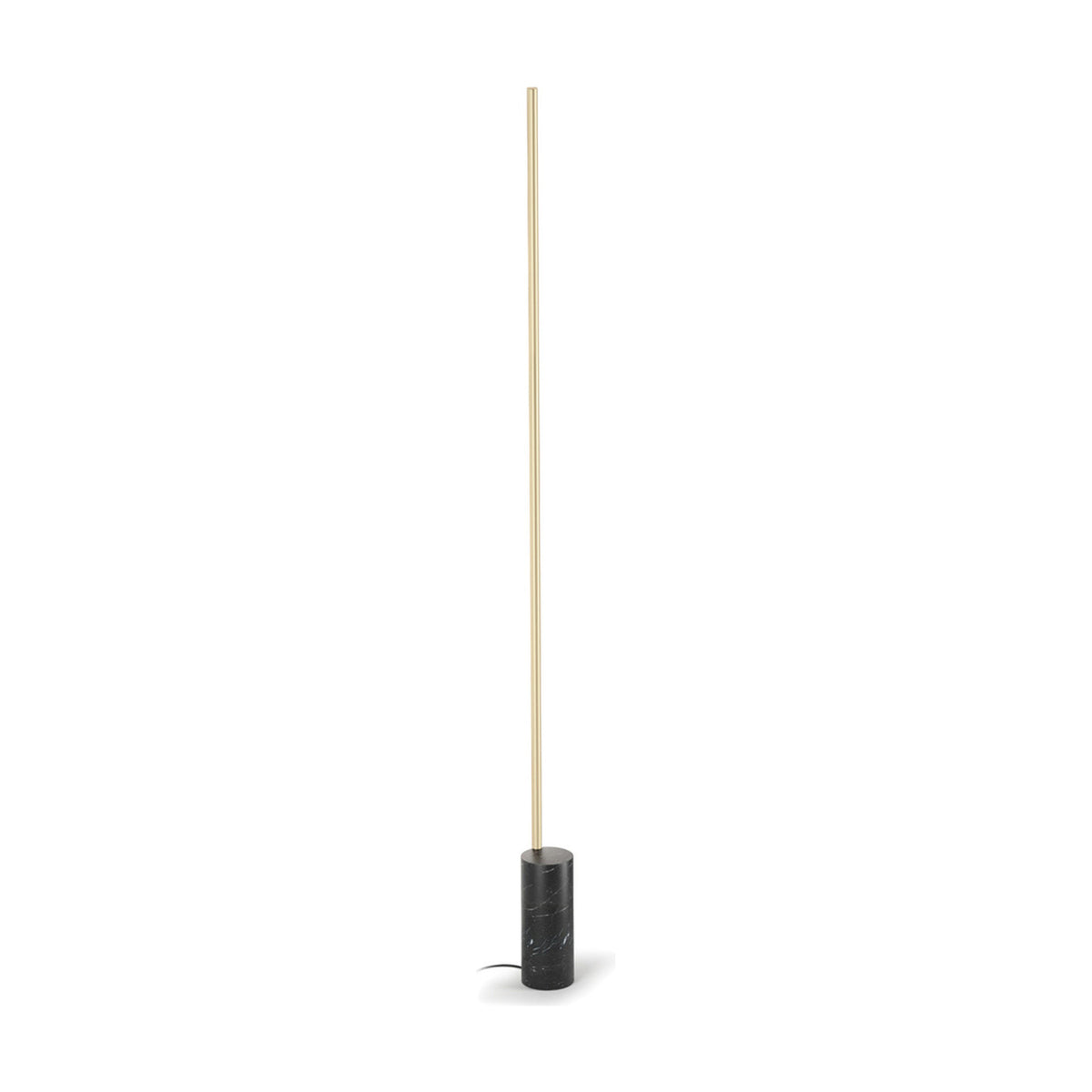 Hilow Line floor lamp with a slim brushed champagne aluminium rod rising from a cylindrical Nero Marquina black marble base, shown on a plain white background.