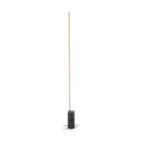 Hilow Line floor lamp with a slim brushed champagne aluminium rod rising from a cylindrical Nero Marquina black marble base, shown on a plain white background.