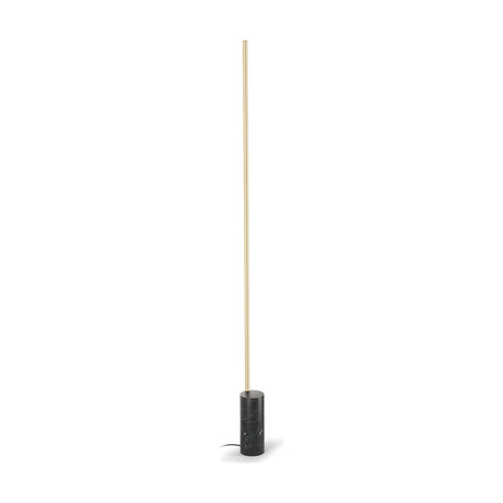 Hilow Line floor lamp with a slim brushed champagne aluminium rod rising from a cylindrical Nero Marquina black marble base, shown on a plain white background.