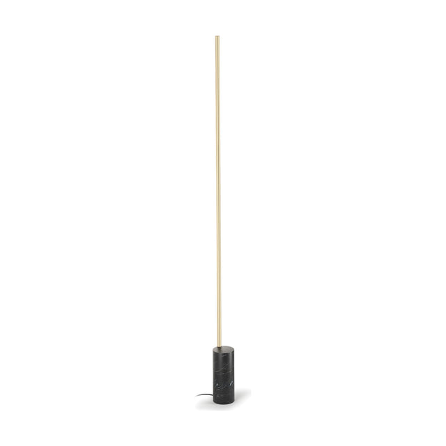 Hilow Line floor lamp with a slim brushed champagne aluminium rod rising from a cylindrical Nero Marquina black marble base, shown on a plain white background.
