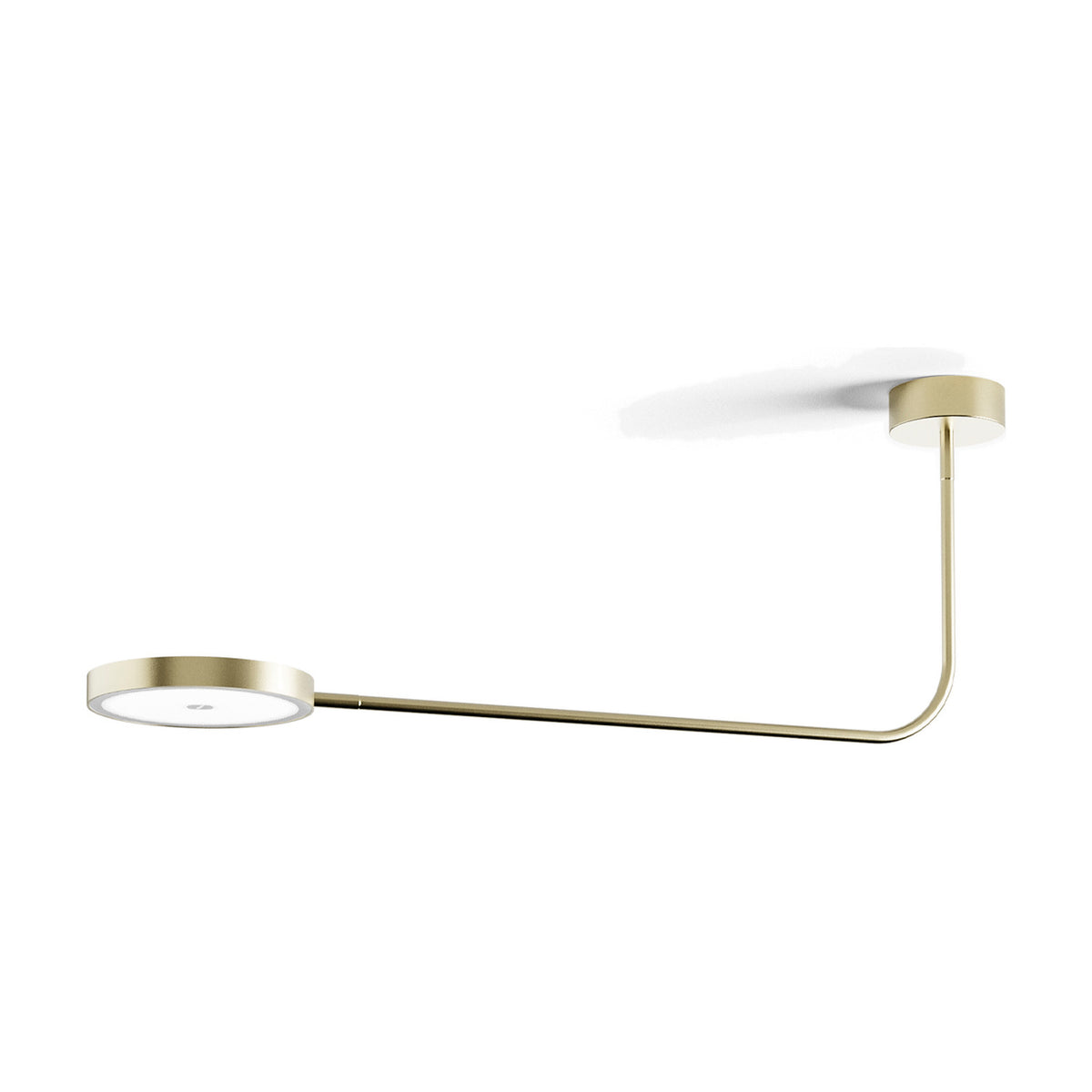 Dip Disc LED ceiling light in Brushed Champagne, with a round ceiling mount, slim curved arm and flat disc head, shown on a plain white background.