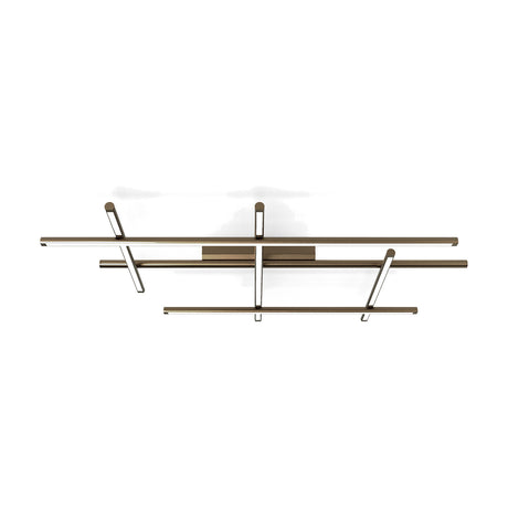 Hilow LED semi-flush ceiling light with an open frame of three long parallel bars crossed by three angled shorter bars, white diffusers, bronze finish, shown on a plain white background.