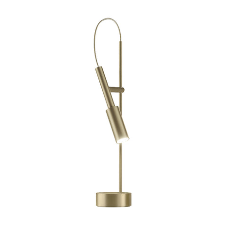 Tubino Aluminium LED Table Lamp in Brushed Champagne, with an angled tubular head on a slim upright stem, looped cable arc, and round base, shown on a plain white background.