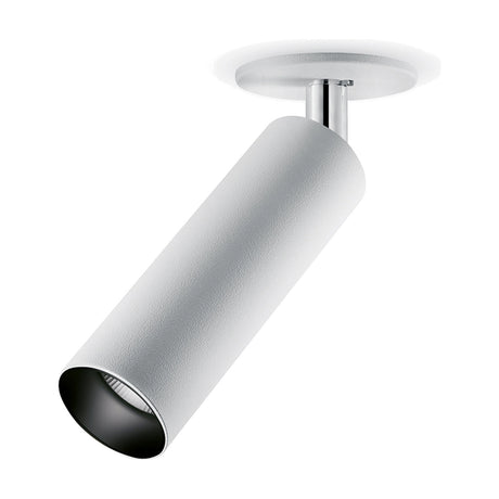 Lola Recessed LED Downlight in white, showing a slim cylindrical head with black interior angled from a round ceiling canopy on a chrome stem, set against a plain white background.