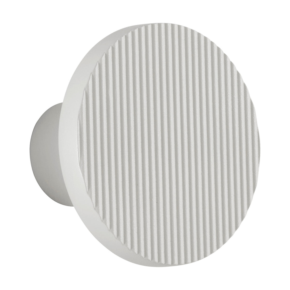 Arid A/01 round LED wall light in Textured White aluminium, with a fluted disc face on a short wall-mounted stem, shown against a plain white background.
