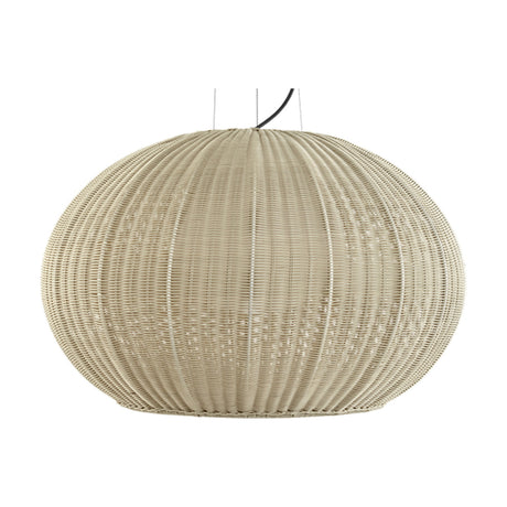 Garota S/02 outdoor pendant light with a flattened globe shade in ivory white woven aluminium and synthetic fibre, integrated LED, shown on a plain white background.