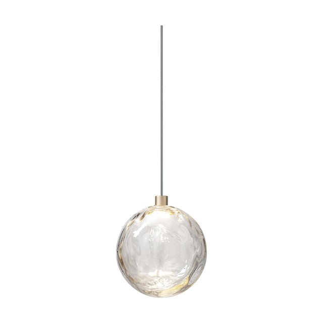 Murané 18cm transparent glass sphere pendant light with rippled texture, integrated warm white LED, and brushed champagne cap on a long cable, shown against a plain white background.