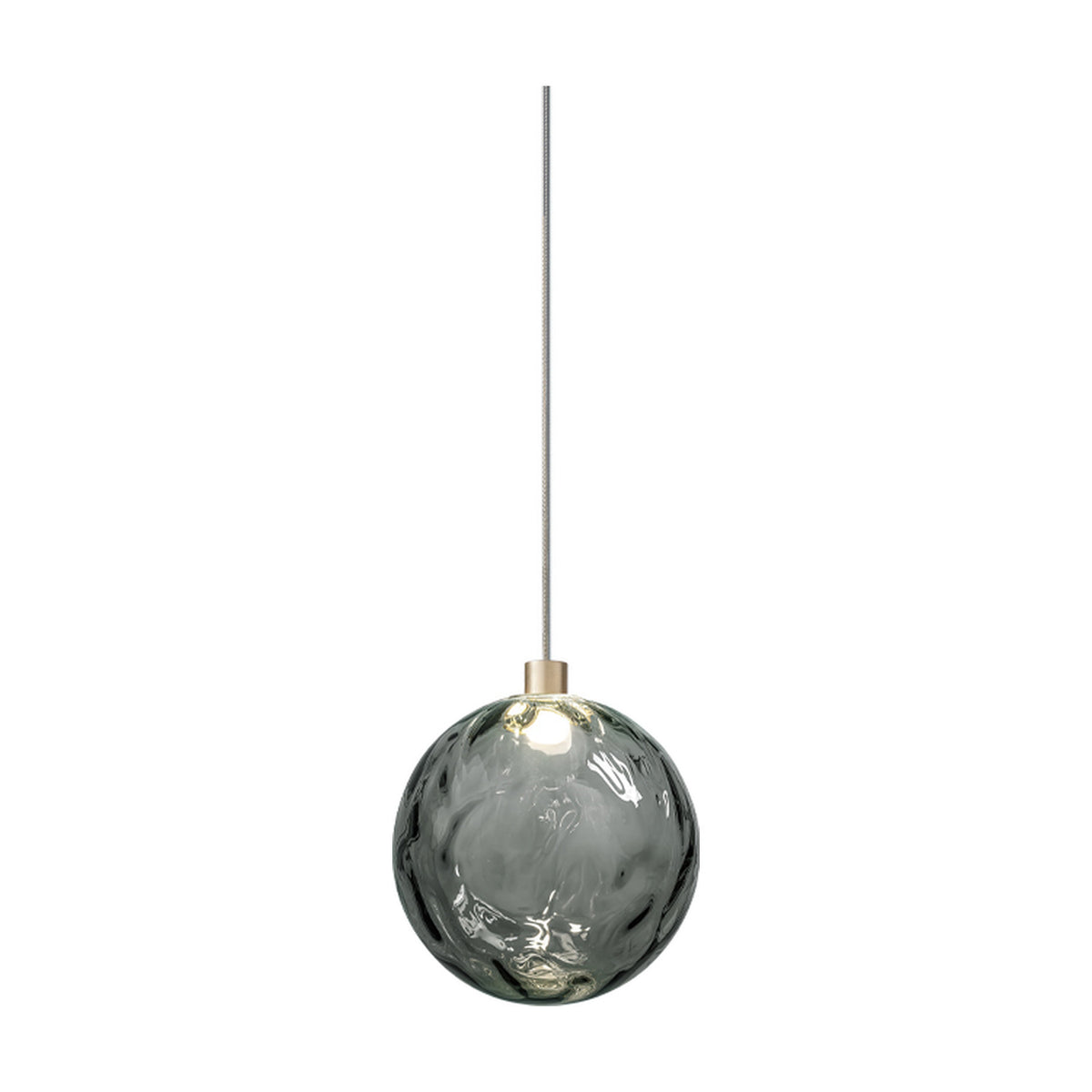 Murané pendant light with an 18cm rippled Smoke Grey glass sphere, integrated LED, and Brushed Champagne cap, shown on a plain white background.