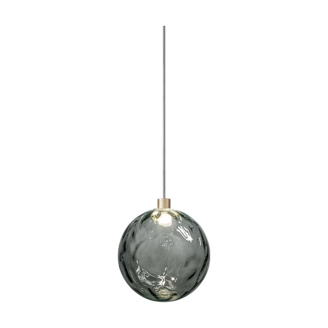 Murané pendant light with an 18cm rippled Smoke Grey glass sphere, integrated LED, and Brushed Champagne cap, shown on a plain white background.