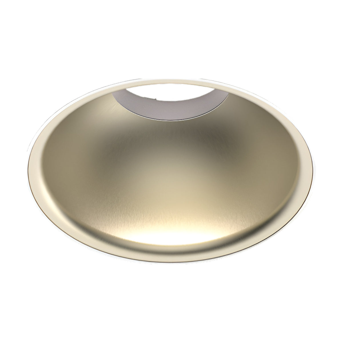 Bug Halo recessed LED downlight with a round brushed champagne reflector and integrated warm white LED, shown close-up against a plain white background.