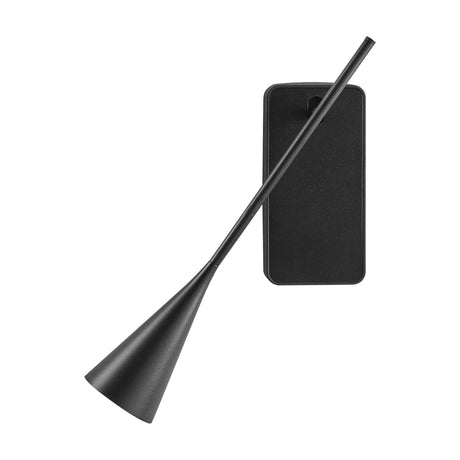 Skybell Plus A/01 wall light in Ebony Black with rectangular base, slim angled arm, and cone-shaped bell head, iron and aluminium finish, on a plain white background.