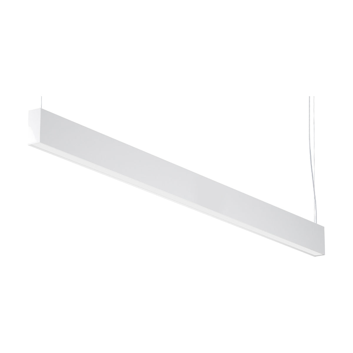 Giano Aluminium Linear LED Pendant Light, a slim 151.8cm squared white bar fixture suspended on thin cables, shown at an angle against a plain white background.