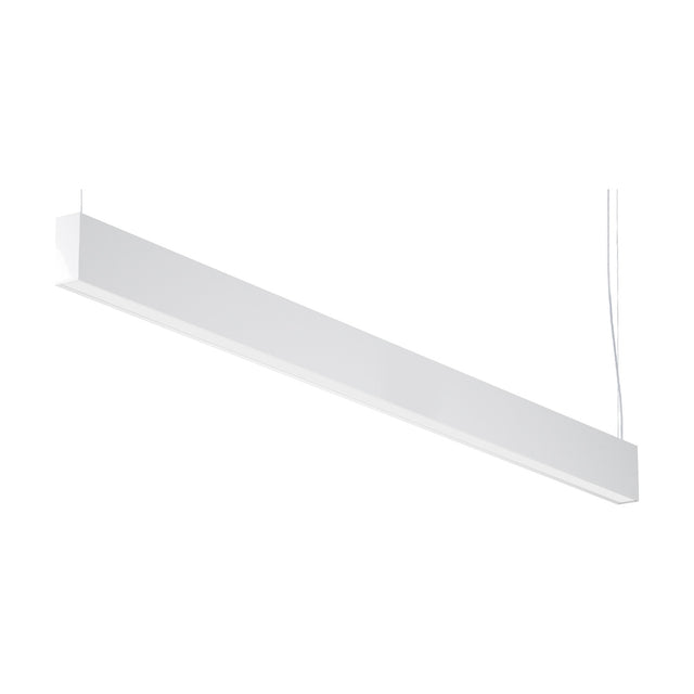 Giano Aluminium Linear LED Pendant Light, a slim 151.8cm squared white bar fixture suspended on thin cables, shown at an angle against a plain white background.