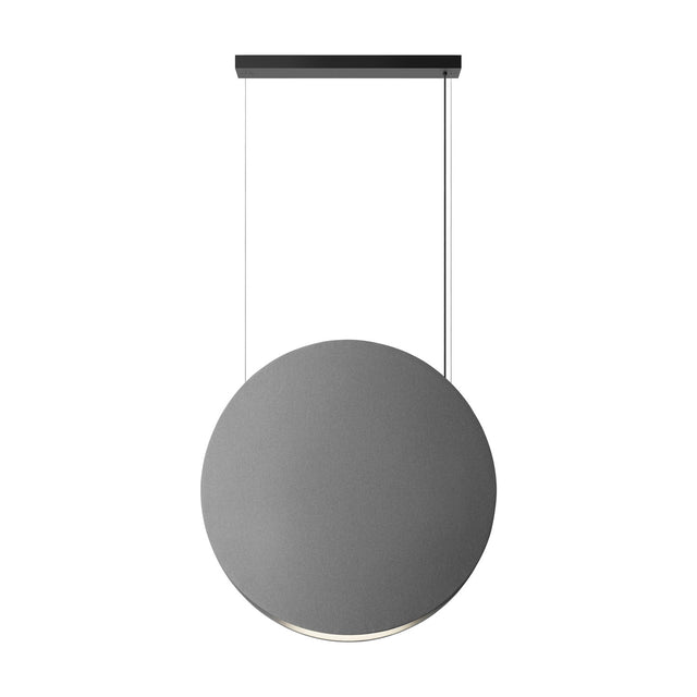 Noren S/100 fabric disc LED pendant light in light grey with integrated LED edge strip, suspended on twin cables from a black ceiling bar.