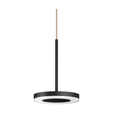 Bella Direct Aluminium LED Pendant Light in black, a slim round disc fixture with white ring diffuser on a thin black stem, shown on a plain white background.
