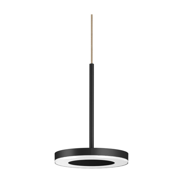 Bella Direct Aluminium LED Pendant Light in black, a slim round disc fixture with white ring diffuser on a thin black stem, shown on a plain white background.
