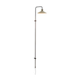 Platet A/05 wall light with a tall slim aluminium rod that curves over to hold a single shallow grey cone shade, shown on a plain white background.
