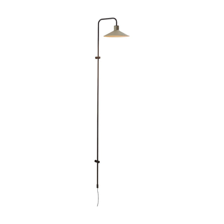 Platet A/05 wall light with a tall slim aluminium rod that curves over to hold a single shallow grey cone shade, shown on a plain white background.