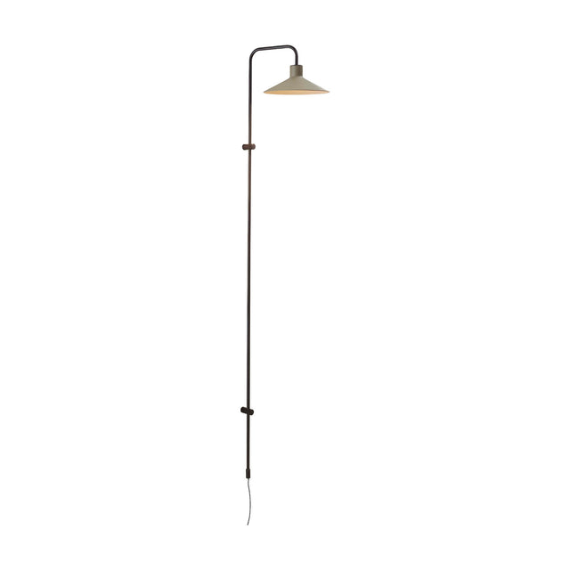 Platet A/05 wall light with a tall slim aluminium rod that curves over to hold a single shallow grey cone shade, shown on a plain white background.